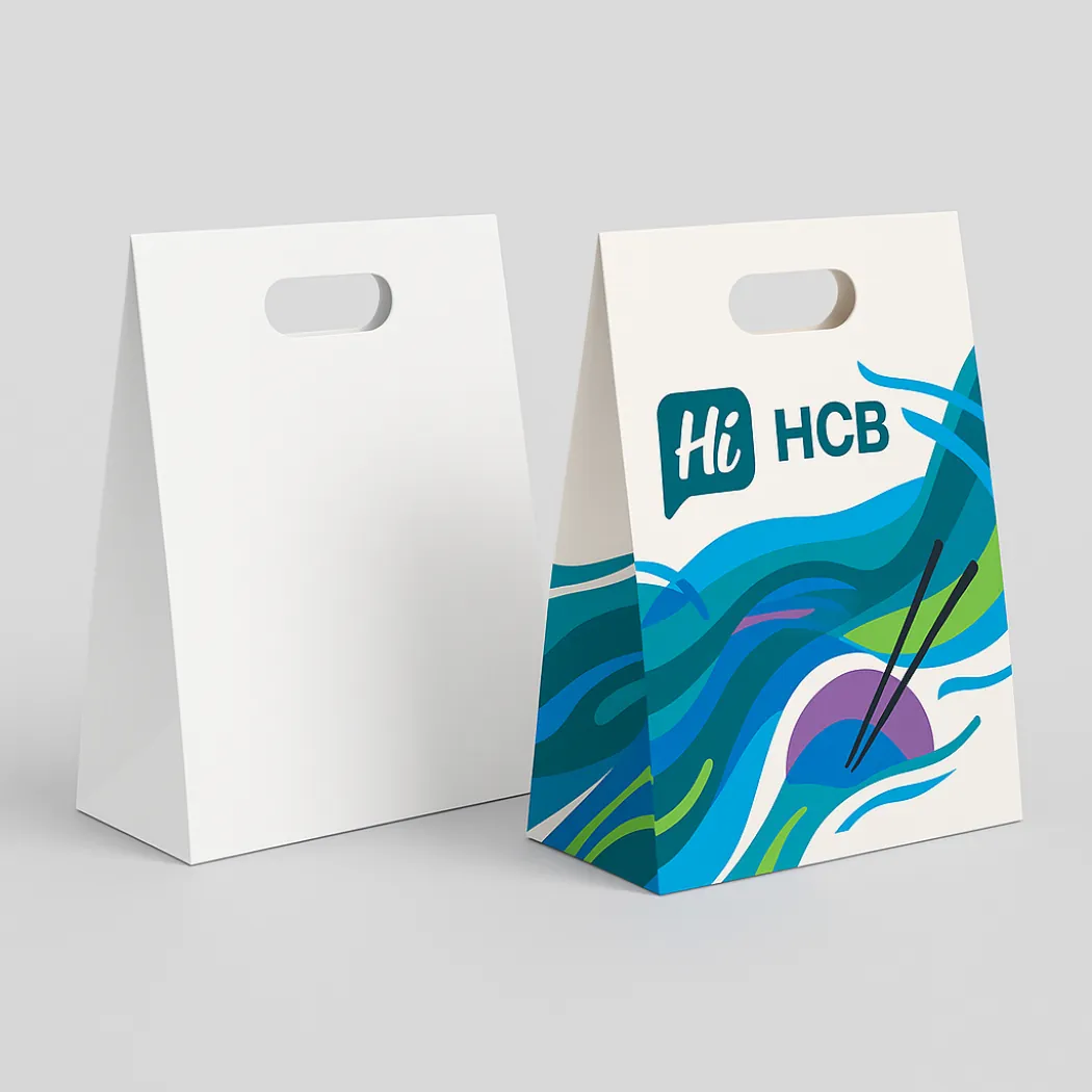 Tall paper carrier boxes with cut-out handles- featuring white and blue wave-patterned printed designs- class=